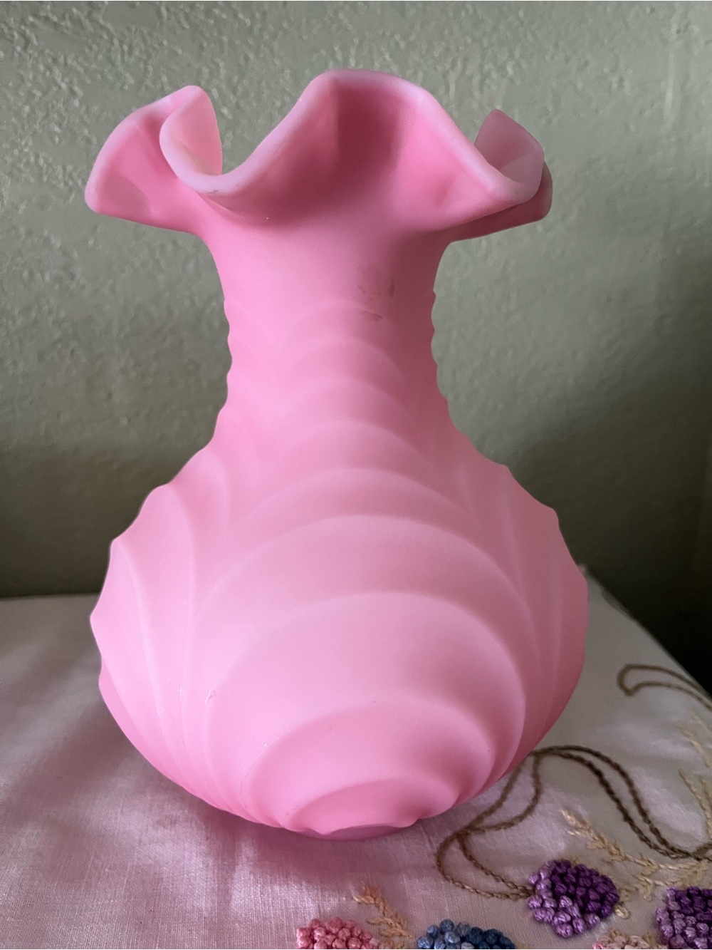 Fenton’s Rose Satin Drapery Glass Vase Pink Ruffled Glass Home Decor